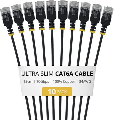 StarTech.com 15cm Ultradunne Cat6a Ethernet Kabel, Zwart, 10-Pack, UTP, 34AWG Pure Koperdraad, Ultradunne RJ45 Patchkabel, Individueel Getest