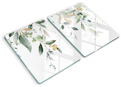 Wallfluent Spatscherm Keuken - Wit Spatglas Keuken - Set 2 Stuks 40x52 cm - Aquarelbladeren Achterwand Glasplaat Keuken - Bloemen en planten Rechthoekig Spatscherm Keuken