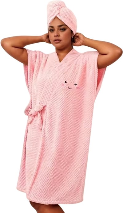 Badjas Dames 2-delige Set – Spa Badjas met Haarhanddoek en Verstelbare V-hals – Sauna en Wellness Badjas voor Thuis - Roze