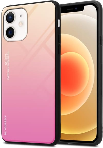Cadorabo Hoesje geschikt voor Apple iPhone 12 MINI in GEEL - ROZE - Tweekleurige beschermhoes van TPU-silicone Case Cover en achterzijde van gehard glas