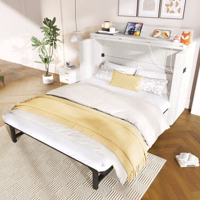 DESMIU Kastbed 140 x 200 cm – Mobiel Opklapbed Met USB- en Type C-aansluitingen – Opberglade En Plank – Voor compacte kamers – Linnenlook – Beige – Zonder matras