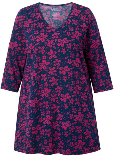 Ulla Popken - Dames - Longshirt bloemen A-lijn V-hals 3/4-mouwen - Marine - Maat 66+