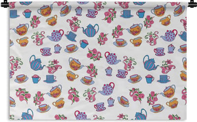 Wandkleed - Wanddoek - Patronen - Thee - Rozen - Theepot - 90x60 cm - Wandtapijt