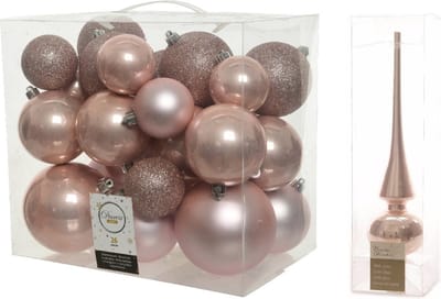 Kerstversiering kunststof kerstballen lichtroze 6-8-10 cm pakket van 27x stuks - Met glans glazen piek van 26 cm