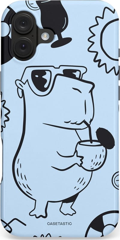 Casetastic hoesje geschikt voor Apple iPhone 16 Plus - MagSafe - Dubbellaagse bescherming - Capibara cocktail - Fashion Case - Lichtgrijs Zwart Lichtblauw
