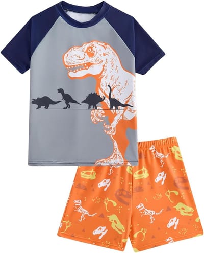 Dinosaurusthema Korte Mouwen Badset voor Jongens met Bloemenprint voor Zomerzwemmen, Geschikt voor 4-10 Jaar