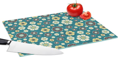Glazen Snijplank - 39x28 - Retro - Bloemen - Patronen - Blauw - Snijplanken Glas