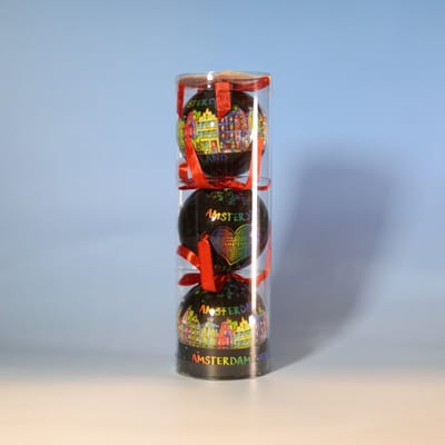 Set Kerstballen Plastic Amsterdam Zwart, Holland: Zwart, Champagne en Rood (3 stuks) - Amsterdamse Grachten + Hartje met Merry Christmas - Plastic