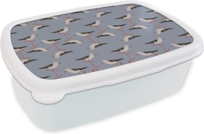 Broodtrommel Wit - Lunchbox - Brooddoos - Vogel - Ooievaar - Patroon - 18x12x6 cm - Volwassenen