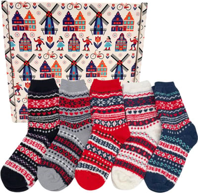 Tutti Footi - 5 paar fleece Sokken met Noors patroon - dames maat 36-40 - Warme winter sokken met hartjes/sneeuwvlokken - Rood blauw