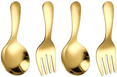 QTTVBTNA 4-delige herbruikbare bestekset - korte steel lepels en vorken - roestvrij staal - dessert, yoghurt, pasta, salade - geschikt voor kinderen en volwassenen - Goud