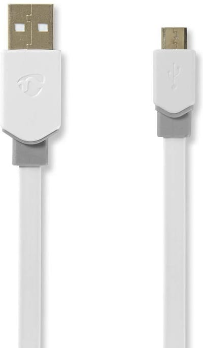 Nedis USB-Kabel - USB 2.0 - USB-A Male - USB Micro-B Male - 480 Mbps - Verguld - 1.00 m - Plat - PVC - Wit - Polybag