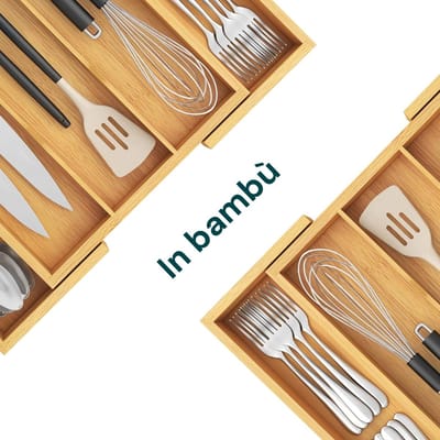 Famanu – Bestekhouder met 5 uittrekbare vakken van bamboe - keukenorganizer voor lade - verstelbare ladeverdelers van 33 cm tot 55 cm - ruimtebesparende lade-organizer - 43 x 5 cm
