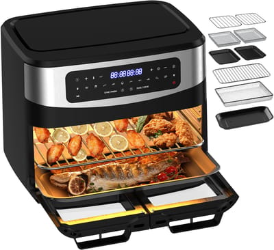 Airfryer - 12L Grote capaciteit – 2600W Multifunctionele Heteluchtfriteuse met Dubbele Zone Onafhankelijk Koken - Verwijderbare Tussenwand - Dubbel Gelijktijdig Koken - Met Kijkvenster - 10 Vooraf ingestelde Menu's - 50–200°C