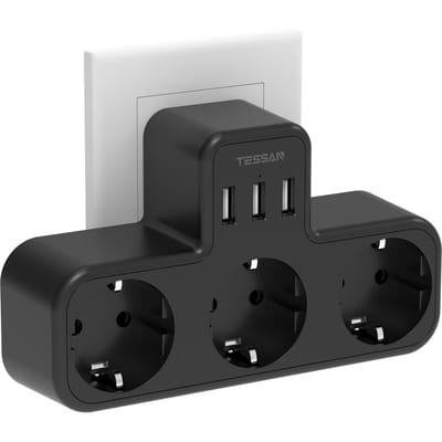 TESSAN 3-Socket Wandstekkerdoos, 3-in-1 Elektrische Stekkerdoos, Stekkerdoos voor Thuis en Kantoor Telefoon en Laptop Compatibel 3 Outlets & 3 USB Ports zwart