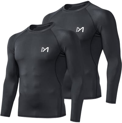 MEETYOO 2 Pack Heren Compressie Shirts Shirts Lange Mouw Atletische Training Sporten Onderhirt Basislaag-Zwart_Zwart-S
