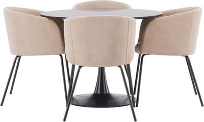 Glade eethoek tafel zwart en 4 berit stoelen beige.