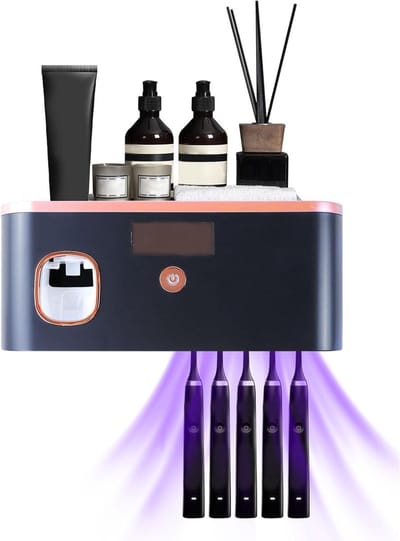 Ultraviolette Sterilisator voor Tandenborstels, Wandhouder voor 5 Tandenborstels, Elektrische Tandpasta Dispenser met Oplaadbare Functie, Zwart