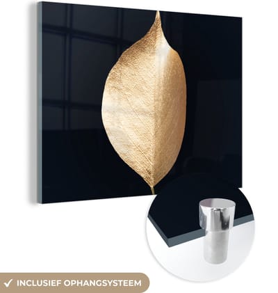 MuchoWow® Glasschilderij 160x120 cm - Schilderij acrylglas - Bladeren - Goud - Zwart - Planten - Luxe - Foto op glas - Schilderijen