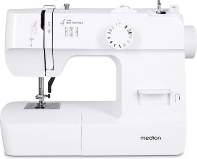 MEDION Naaimachine SM70 70 W, 12 steekpatronen, beginners - Wit | LED-naailicht, 4-staps knoopsgat, instelbare steeklengte, draadafsnijder, elektrische huishoudnaaimachine, MD11179