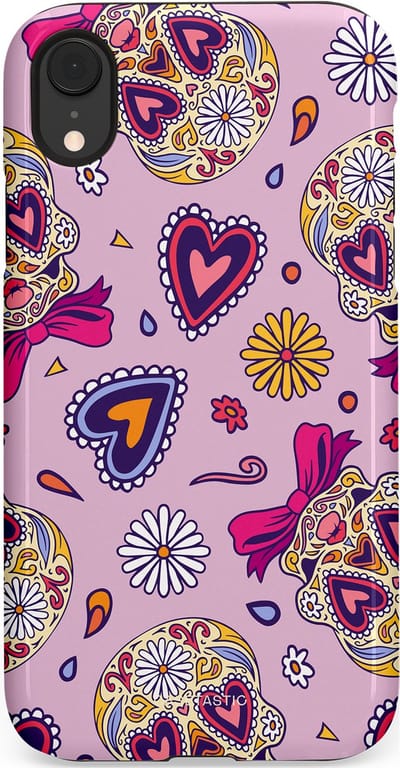 Casetastic hoesje geschikt voor Apple iPhone XR - Dubbellaagse bescherming - Dia de los Muertos Doodshoofd Strik - Fashion Case - Lichtroze Lila Taupe Zilver