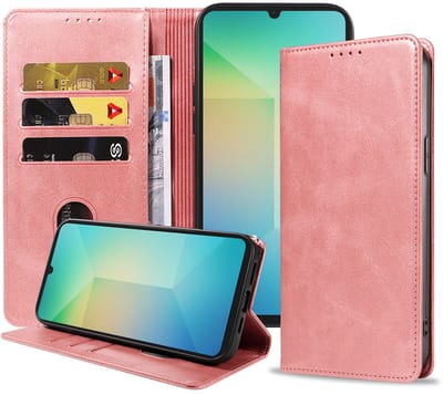 Smartphonica Telefoonhoesje Geschikt voor Samsung Galaxy A06 Kunstleer met Magnetische sluiting en Pasjeshouders Bookcase met Klepje - Roze geschikt voor Samsung Galaxy A06