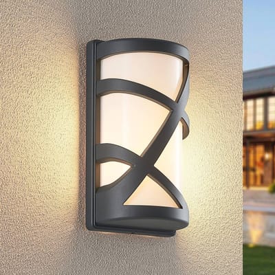 Lindby - Wandlamp buiten - 1licht - aluminium, kunststof - H: 26.7 cm - E27 - donkergrijs, opaalwit