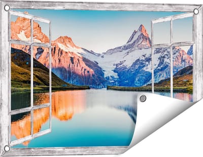 Gards Tuinposter Doorkijk Bergen Landschap bij het Meer - 60x40 cm - Tuindoek - Tuindecoratie - Wanddecoratie buiten - Tuinschilderij