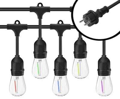 10m Arena LED Prikkabel – IP65 Lichtsnoer Buiten – koppelbaar – inclusief 10x E27 Kleuren-led lampen – Incl. Stekker