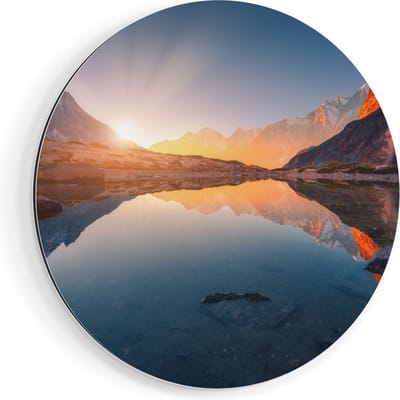 Artaza Dibond Muurcirkel Bergen Landschap Met Zonsopgang - Ø 70 cm - Wandcirkel - Rond Schilderij - Voor Binnen en Buiten