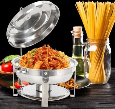 Emora Buffetwarmer set van 2 - Catering - Verwarmer - Warm en Koud - Warmhoudschaal 7.5 L - RVS - Glazen Deksel - Chafing Dish - Rond