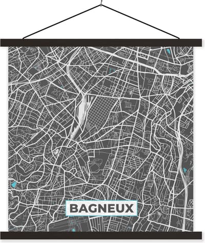 Posterhanger incl. Poster 60x60 cm - Schoolplaat - Bagneux - Frankrijk - Plattegrond - Stadskaart - Kaart - Textielposter - Zwarte latten - Stadskaart