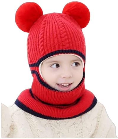 Muts - Kindermuts - Winter Muts - Gebreide wintermuts - Sjaalset - Muts 3-in-1 - Warme mutsen voor jongens en meisjes van 3 tot 6 jaar - Sjaal met schuifkap - Gebreide muts met pompon - Rood