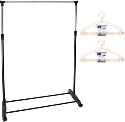 Mobiel kledingrek enkele stang 90-160 cm incl. 20 witte kledinghangers