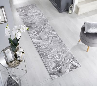Flycarpets Loper Modern Vloerkleed - Marbled - Laagpolig - Marmer - Zilver - 60x230 cm