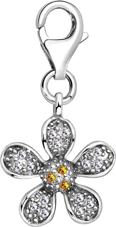 Quiges – Charm – Hanger - Zirkonia Bloem - Verzilverd - karabijnslot - geschikt - voor - Bedelarmband - QHC149