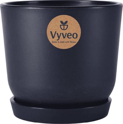 Vyveo - Bloempot Soren met onderzetter - 13x12 - Zwart - Bloempot voor binnen en buiten - Lichtgewicht - Breukbestendig - Vorstbestendig - UV-bestendig