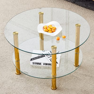 MODFU Salontafel - Tweelaags - Rond - Modern - Voor Woonkamer - Glas En Metaal - Goudkleurig En Transparant - 70 x 42 cm