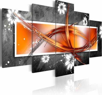 Schilderij - Bloemen en abstractie, 5 luik, Oranje/Zwart, 2 maten, Premium print