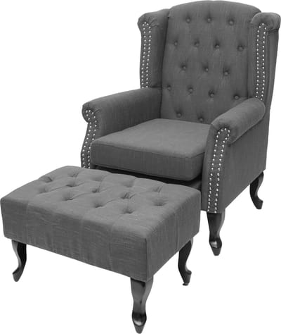 Fauteuil Chesterfield, relaxfauteuil Clubfauteuil Oorfauteuil, waterafstotende stof/textiel ~ donkergrijs met voetenbank