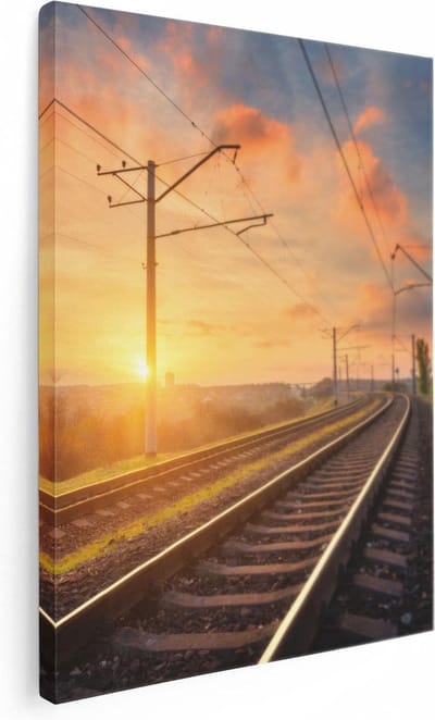 Artaza Canvas Schilderij Zonsondergang Treinspoor - 30x40 cm - Klein - Wanddecoratie Landschap - Muurdecoratie Natuur - Kamer Accessoires Woonkamer