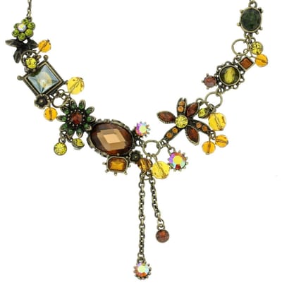 Vintage statement ketting dames bloemen kristal amber – bronzekleurig – cadeau vrouw nikkelvrij – boho ketting – Y-ketting – cadeau vriendin