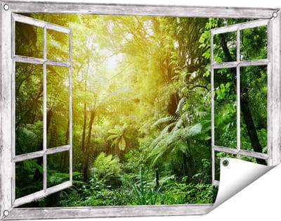 Gards Tuinposter Doorkijk Tropische Jungle met Zonneschijn - 90x60 cm - Tuindoek - Tuindecoratie - Wanddecoratie buiten - Tuinschilderij
