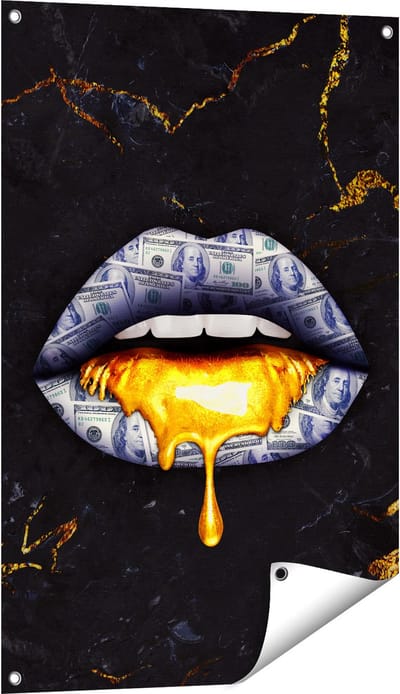 Gards Tuinposter Dollar Lippen met Goud - 60x90 cm - Tuindoek - Tuindecoratie - Wanddecoratie buiten - Tuinschilderij