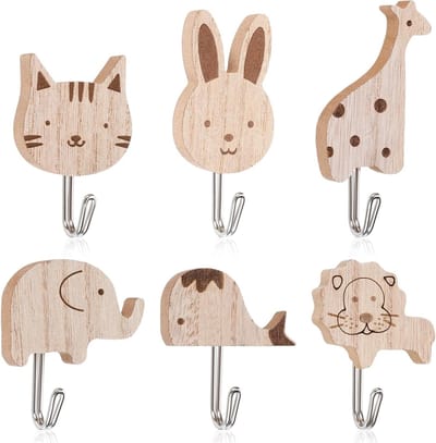 Schattige Dieren Wandhaken - 6 Stuks Zelfklevende Houten Haakjes voor Kinderen - Olifant, Walvis, Kat, Leeuw, Konijn, Giraffe - Ideaal voor Kinderkamer, Badkamer en Keuken