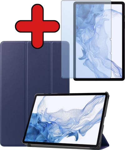 Hoesje - Geschikt voor Samsung Galaxy Tab S9 - Met Screenprotector - Trifold Bookcase Hoes - Hard Cover Case - Met Uitsparing Geschikt voor S Pen - Hardcover Book - Tablethoes - Donkerblauw