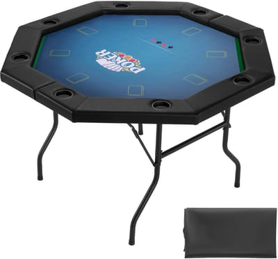Opvouwbare pokertafel, casinotafel voor 8 spelers van 1220 mm met beklede rails en bekerhouders, achthoekige draagbare speeltafel met vilten oppervlak en stevige metalen poten, ideaal voor Texas Hold'em en Blackjack