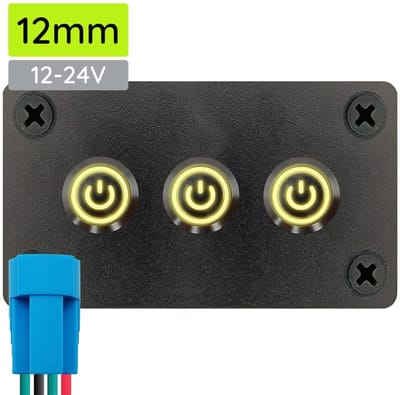 ProRide Metalen Drukschakelaars ON-OFF 12-24V - 12mm - Drievoudig inbouwpaneel - IP67 - LED indicatie Geel