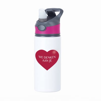Hacebo® - We denken aan je hartje waterfles met rietje roze - Quotes - iemand die door een moeilijke tijd gaat - moeilijke tijd - ziek - koorts - snel beter worden - cadeau - beterschap cadeau - kado - gift - geschenk - water fles - 650ML