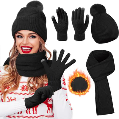 Dikke Fleece Gevoerde Wintermuts, Sjaal en Touchscreen Handschoenen Set voor Buitenactiviteiten, Warm en Comfortabel 3-in-1 Accessoire voor Koude Dagen